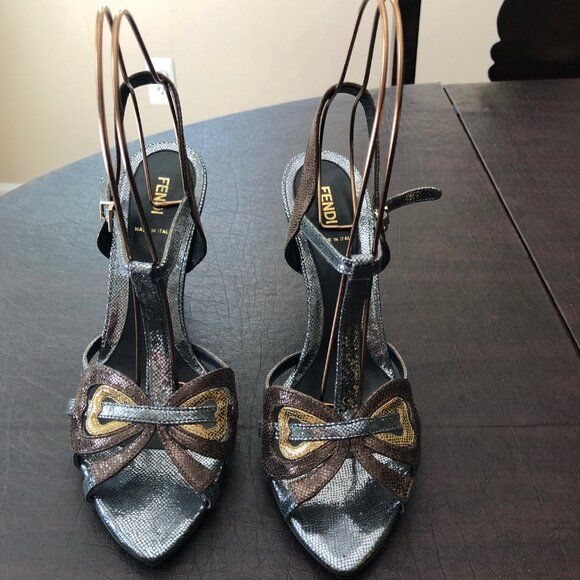 Unique Fendi Multicolor Reptile Bronze Stiletto Sandals Size 40.5 US 9.5 ($570) - Picture 1 of 7